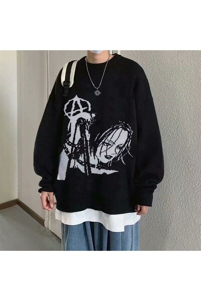 Touz Moda Унисекс черен пуловер Harajuku Vintage Streetwear Gothic Girl