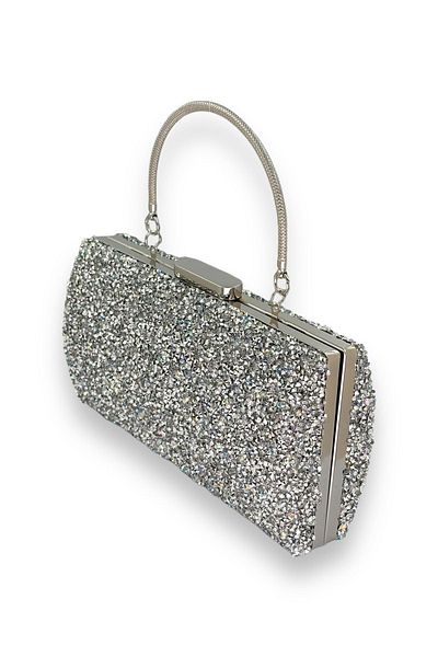 MidStore Silver Gray Lame Color Jewelled Metal Handle Large Size Evening Dress Evening Bag Engagement Wedding Invitation Prom