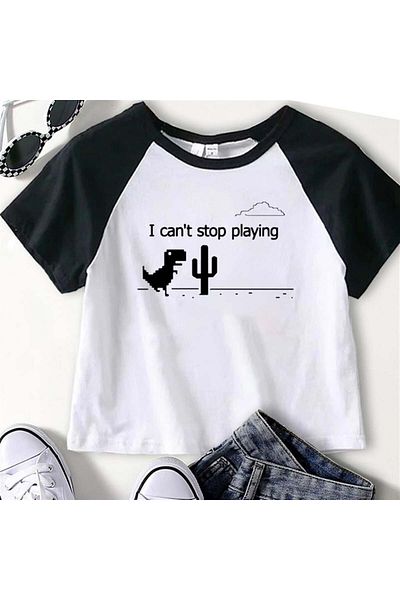Touz Moda Dinosaur Game Printed Raglan Sleeve White Crop