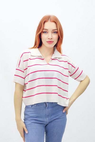 ÇILDIR TRİKO WOMEN'S POLO NECK SHIRT COLLAR STRIPED SWEATER