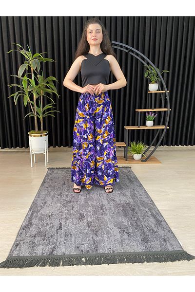 ESPOİRPLUS Purple Floral Pattern - Lycra and Gathered Women's Woven Trouser Skirt