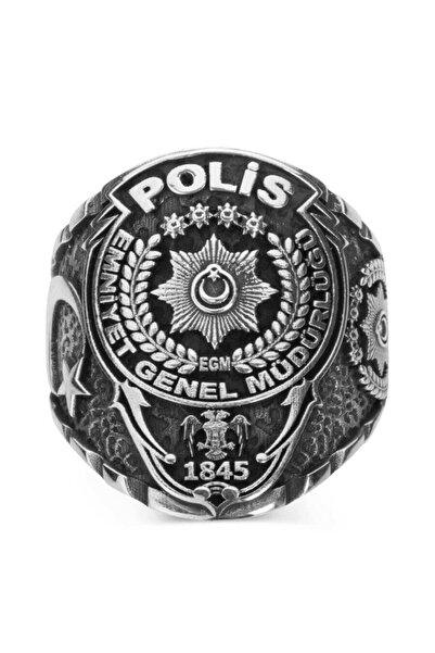 Anı Yüzük Erkek Sade Model Armalı Ay Yıldızlı Egm Yazılı 925 Ayar Gümüş Özel Tasarım Polis Yüzüğü