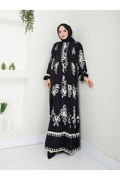 MODAMERSİ Black Viscose Fabric - Patterned Women's Dress