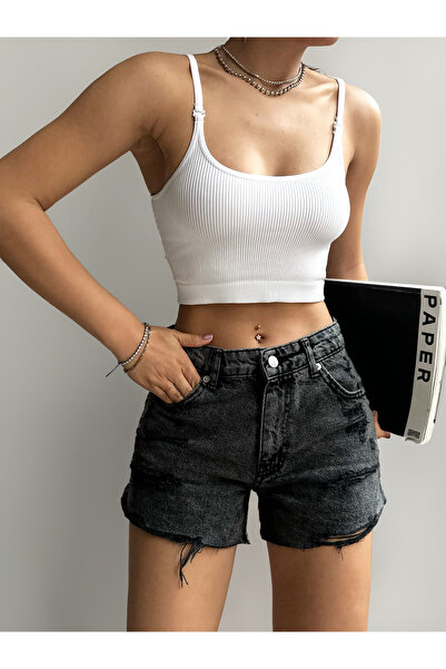 Mia Miamood Lazerli Kot Şort - Kar Yıkama Füme