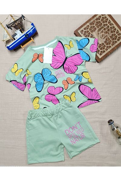 BUUFUU 100% Cotton Short Sleeve Butterfly Printed Shorts Set