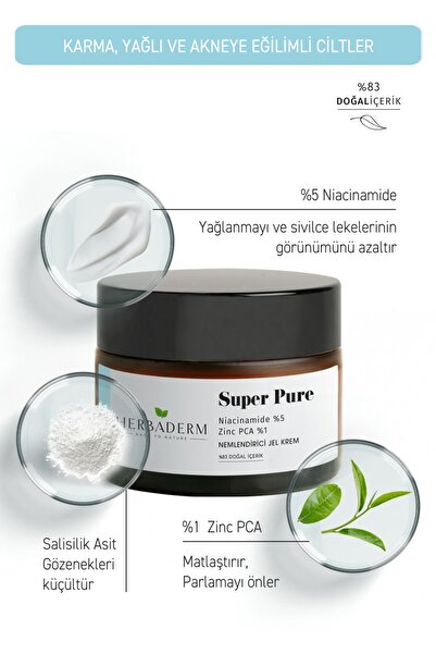 Herbaderm Super Pure Sivilce Karşıtı Niacinamide + Zinc Pca Nemlendirici Jel Krem