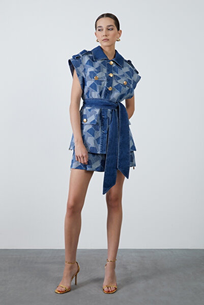 GİZİA Çıkarılabilir Kuşak Detaylı Gold Düğmeli Patchwork Mavi Ceket