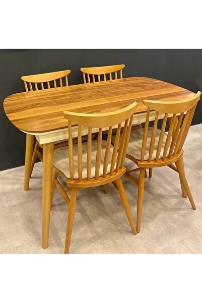 Evistro Ahşap Salon Yemek Masa Sandalye Takımı 4 Sandalyeli Ortadan Açılır Bü...