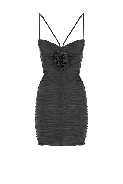 Whenever Company Siyah Drapeli Çift Askılı Gül Detaylı Mini Elbise