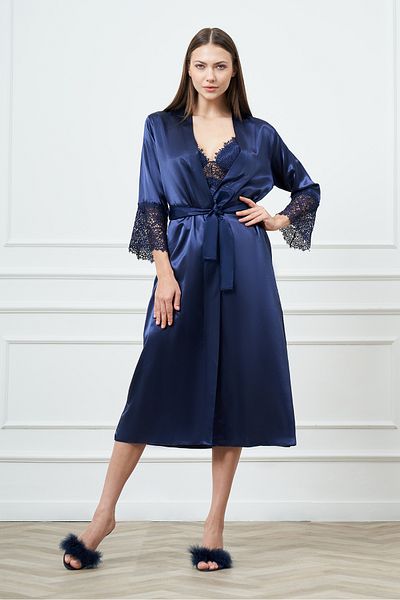 EXCLUSIVE Luxury Silk Navy Blue Satin Six-Piece Nightgown Dressing Gown Set