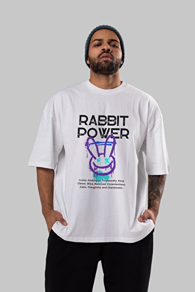 Ankhises Rabbit Power Napisano na prednjoj strani Štampano Belo Oversize kroj...