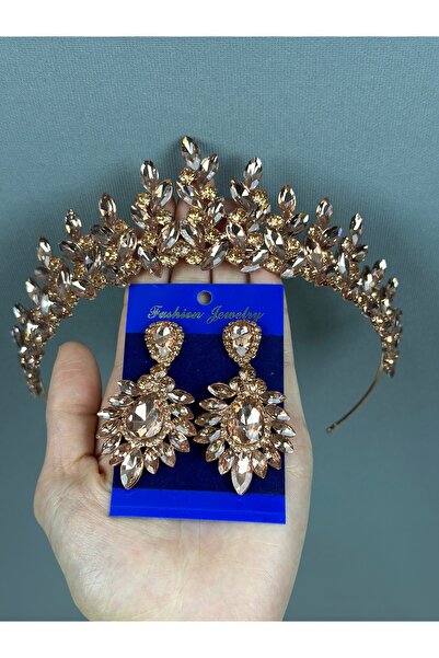 Limelia طقم تاج زفاف من حجر الكرستال الذهبي وأقراط مكوكية قطرة