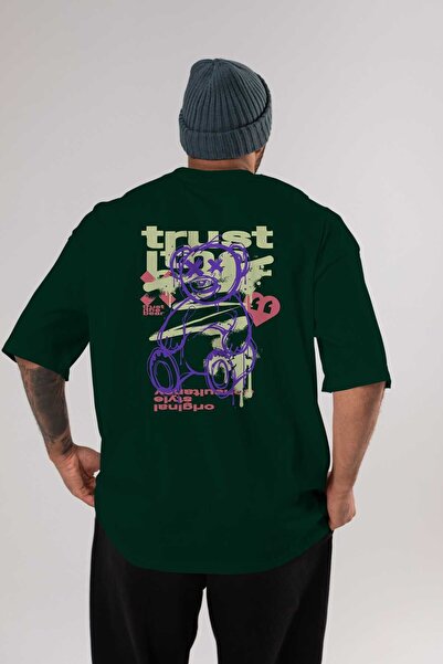 Ankhises Trust The Bear 3 Back Štampano Emerald Green Oversize kroj T-shirt M...