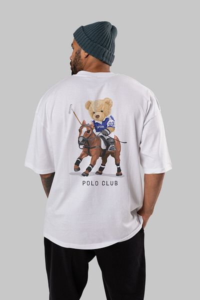 Ankhises Teddy Bear Polo Club Tricou alb cu imprimeu pe spate, pentru bărbați, pentru femei, cu gâtul turnat