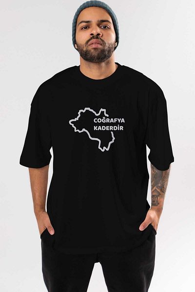 Ankhises Geography is Fate Tricou negru supradimensionat cu imprimeu în față pentru bărbați și femei cu gât crepus