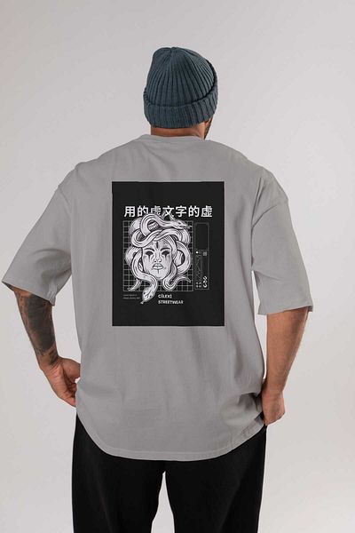 Ankhises Tricou unisex gri oversize hipster în stil japonez - decolteu