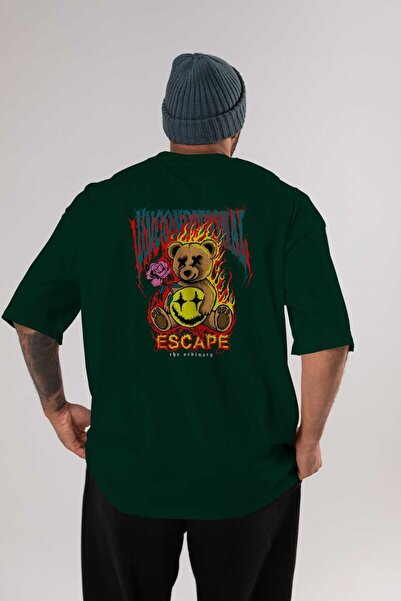 Ankhises Escape Bear Back Štampano Emerald Green Oversize kroj T-shirt Unisex...
