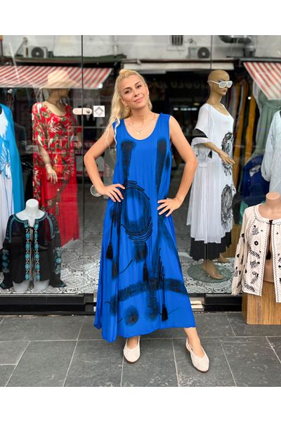 Sosyete Kaplumbağa Authentic Voile Cotton Embroidery And Handcrafted Painting Parliament Blue Maxi Dress