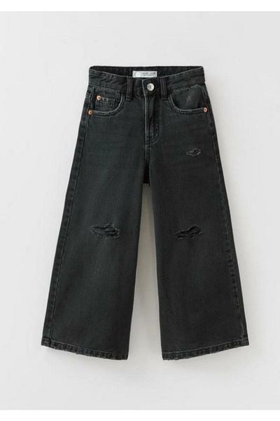 Kids Girl's Black Ripped Detailed Slim Fit Denim Wide Leg Trousers with Slits at the Leg