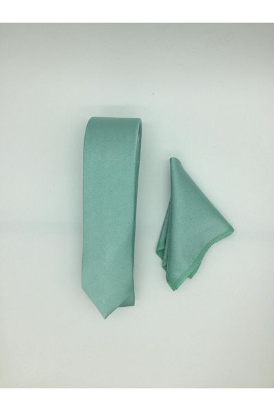 HARES Green Satin Handmade Tie & Handkerchief