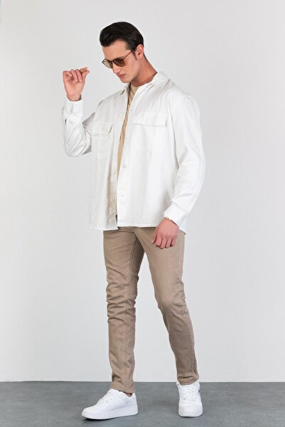 HALAT'S Erkek Jeff Bej Taşlamalı Slim Fit Likralı Jean Kot Pantolon