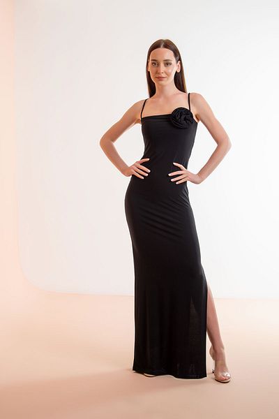Laranor Strapless Collar and Rose Detailed Slit Graduation and Invitation Evening Dress