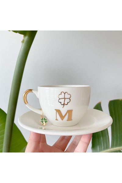Mugtasarım 24k Gold Gilded Clover Earrings Porcelain Nescafe Cup