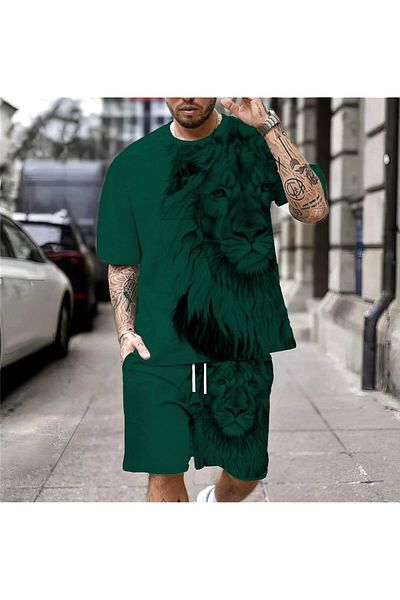 CLASSY.MODA Σετ ανδρικά αθλητικά σορτς - Αυτοεξαρτημένο σχέδιο λιονταριού, υπερμεγέθη