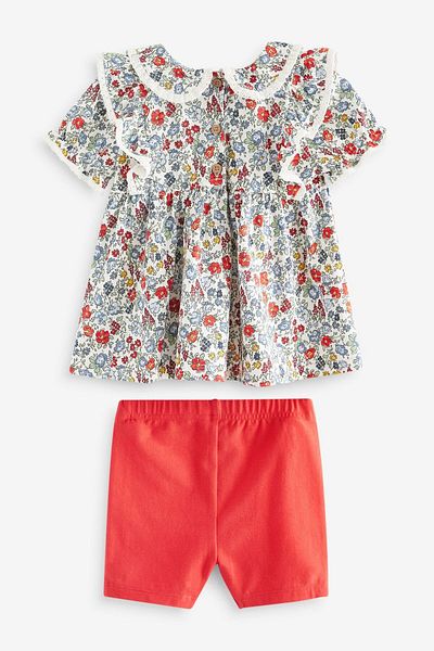 Next Baby Red Ditsy Floral Patterned 100% Cotton Short Sleeve Tights Set