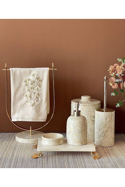 ege gross DECORATIVE BEIGE MARBLE GINKO ACCESSORY DETAIL 6-Piece BATHROOM SET SET
