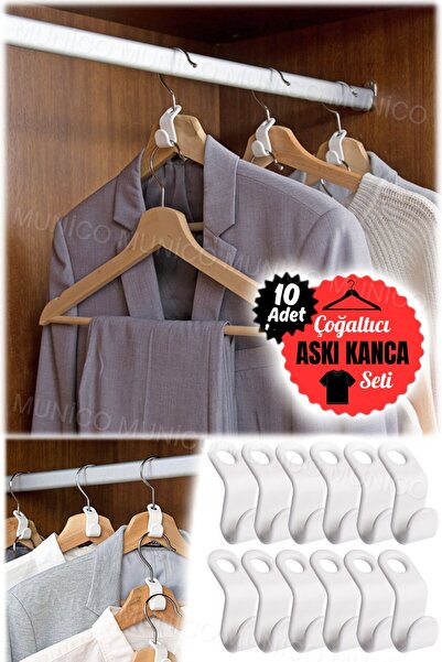 Munico 10 Adet Pratik Yer Kaplama Engelleyici Askılık Kancalar Beyaz Elbise Askısı Bağlantı Kancası Dolap