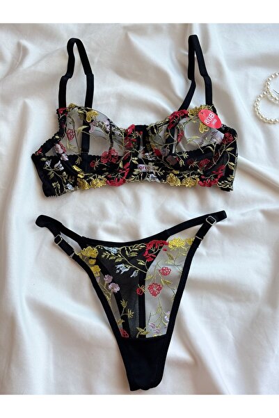 ARONA Siyah Çiçekli Balenli Bralet Takımı