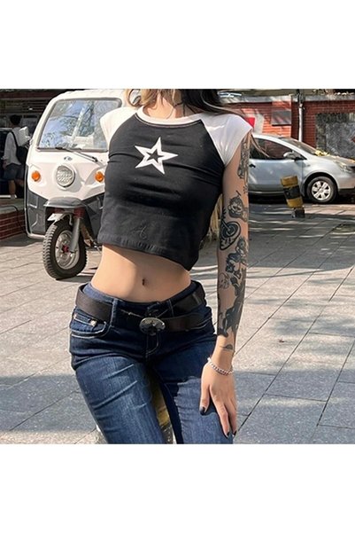 DarkellaStore Tricou crop cu mânecă scurtă cu imprimeu cu stele Harajuku Old School Raglan