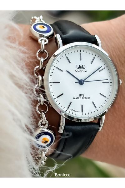 Q&Q Silver Wristwatch Bracelet with Black Retro Leather Band - Polite Brand