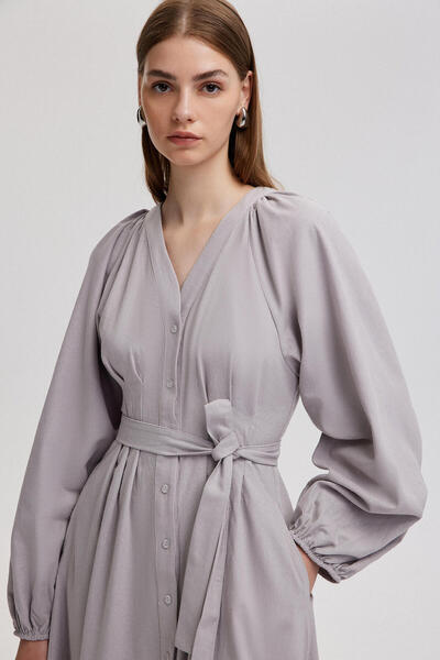 Touché Privé Lněné košilové šaty - design s balónovým rukávem