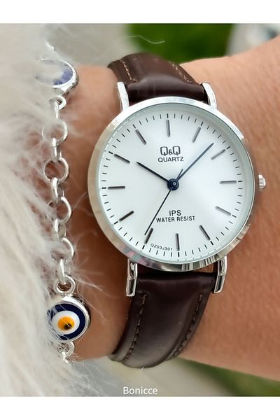 Q&Q Retro Brand Brown Leather Cord and Silver Case - Polite Women's Wristwatch Bracelet