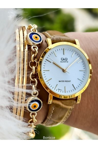 Q&Q Retro Brand Brown Leather Band Women's Wristwatch and Beaded Bracelet Set