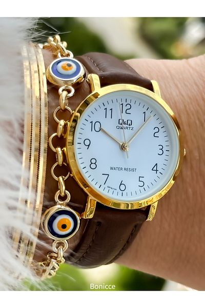 Q&Q Retro Brand Leather Corded Gold Case Women's Wristwatch and Bracelet - Polite with Numerals