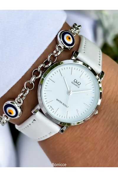 Q&Q Retro Pink Leather Corded Silver Case Polite Women's Wristwatch and Bracelet Set