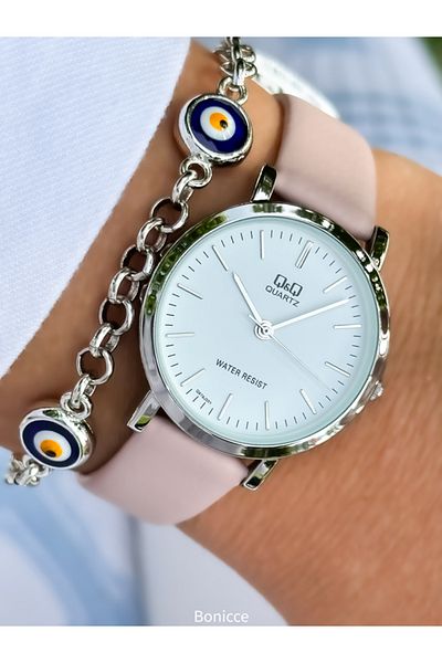 Q&Q Retro Pink Leather Corded Silver Case Polite Women's Wristwatch and Bracelet Set