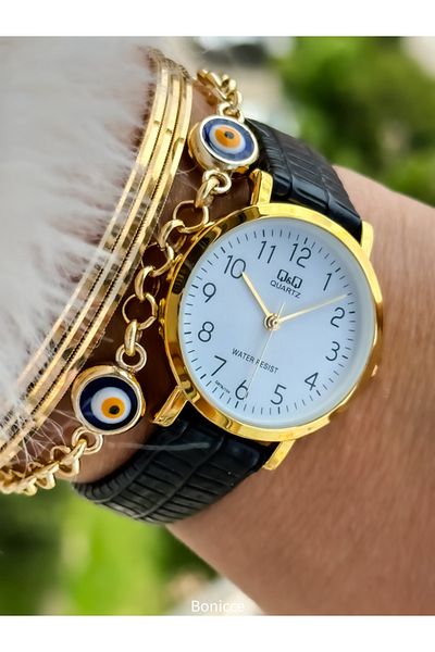 Q&Q Retro Brand Leather Corded Gold Case Women's Wristwatch and Bracelet - Polite with Numerals