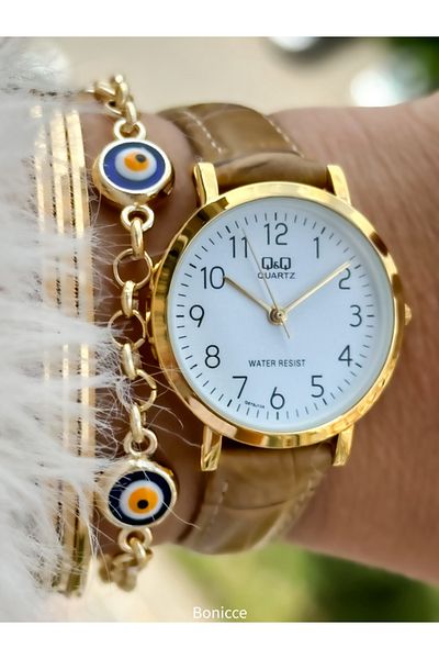 Q&Q Retro Brand Leather Corded Gold Case Women's Wristwatch and Bracelet - Polite with Numerals
