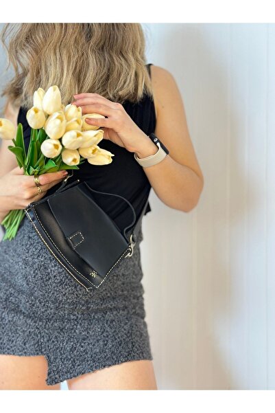 Tuvita Collection Bodrum %100 Gerçek Deri El Yapımı Kadın Siyah El Çantası Om...