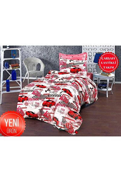 Şahinhome Kırmızı Arabalı Tek Kişilik Nevresim Takımı Çarşafı Lastikli (100x200?