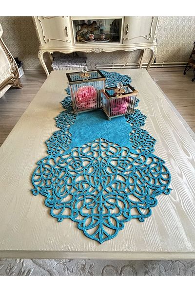 Ergüven Home Μπλε Suede Fabric Runner 40x100 cm Μήκος Τραπεζιού Σαλονιού - Μοντέρνο Σχέδιο