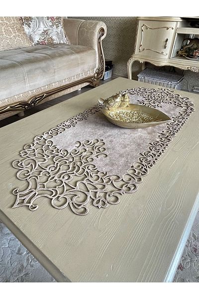 Ergüven Home Μοντέρνο Σχέδιο - Σκούρο Μπεζ Suede Runner, Τραπεζάκι Σαλονιού 40x100 cm
