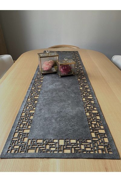 Ergüven Home Dark Gray Suede Fabric Runner 40X140 cm Table Length - Geometric Quadrilateral Pattern