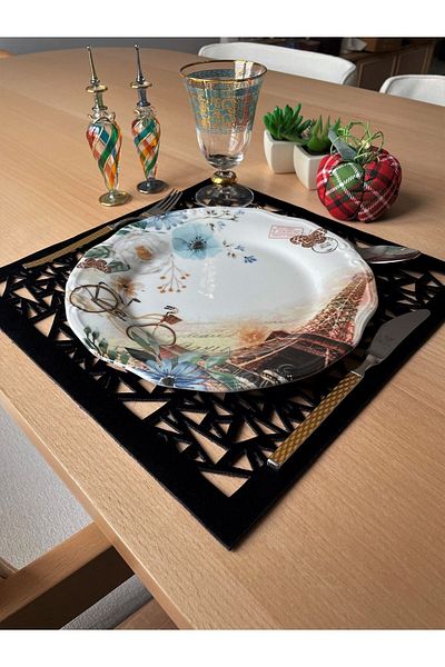 Ergüven Home Set de 6 farfurii americane din piele intoarsa neagra 35x35 cm