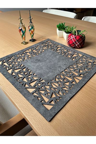 Ergüven Home Set of 6 Geometric Triangle Pattern - Dark Gray Suede, 35X35 cm Square Plate