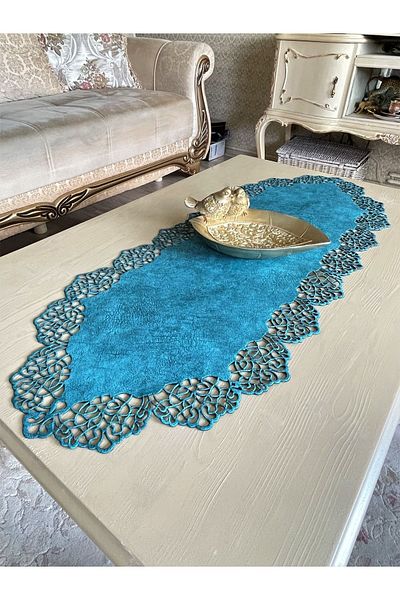 Ergüven Home Masuta de cafea Runner Tesatura din piele intoarsa albastra 40x100 Cm - Design Modern